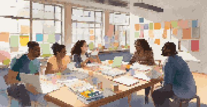 A diverse group of teachers collaborating at a table, surrounded by educational materials and sticky notes in a bright classroom.