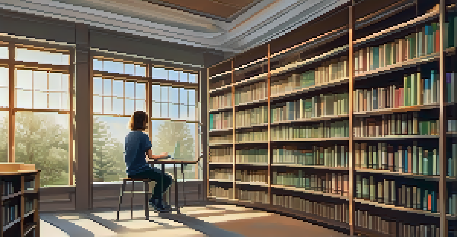 A student in a library tracking their learning on a tablet, surrounded by books and soft lighting.