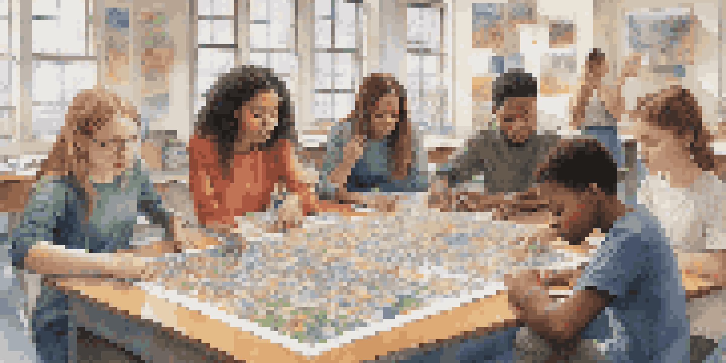 A diverse group of students working together on a puzzle with focused expressions and colorful surroundings.