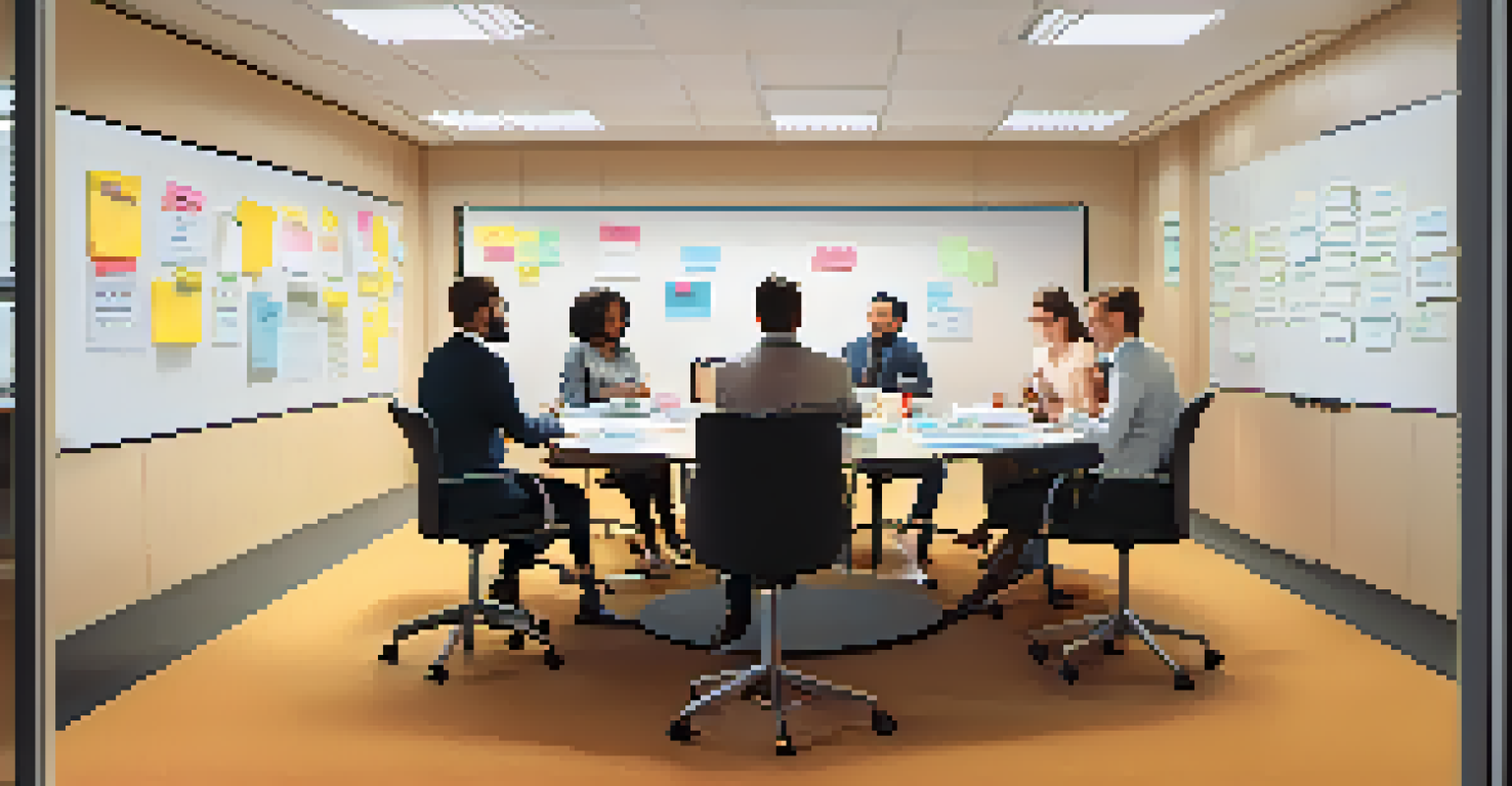 A team in an office discussing feedback at a round table, with post-it notes and a whiteboard.