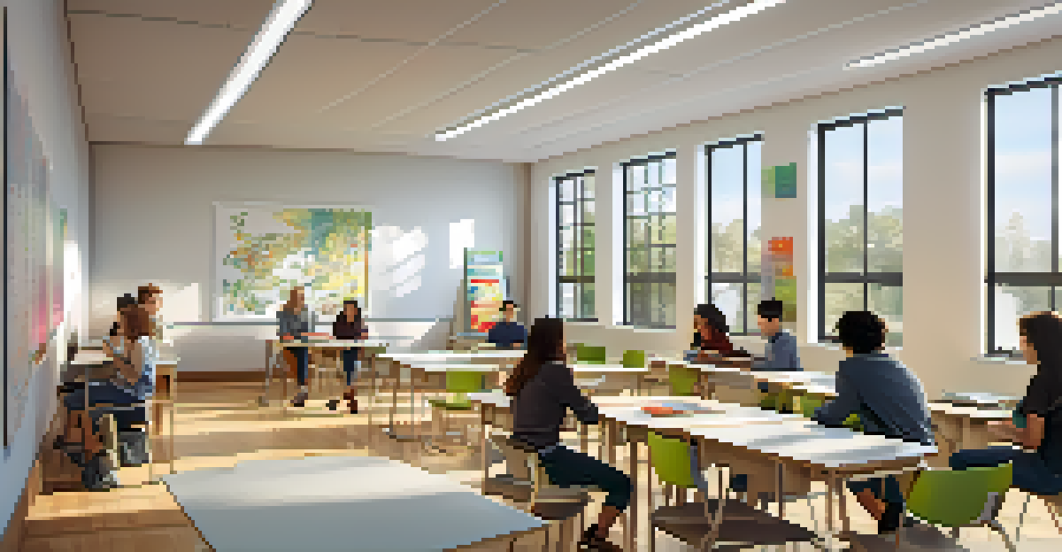 A modern classroom with soundproof panels and students in small groups discussing quietly, filled with natural light.
