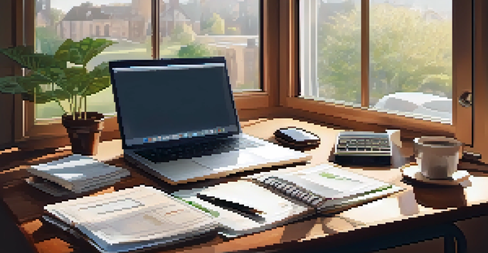 A tidy desk with a laptop, financial papers, and a coffee cup, illuminated by natural light from a window.