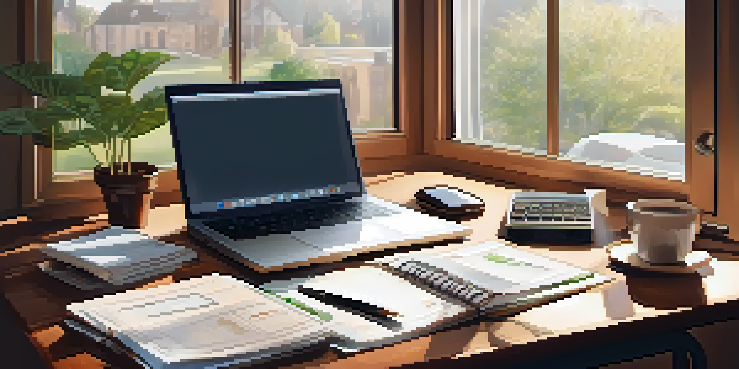 A tidy desk with a laptop, financial papers, and a coffee cup, illuminated by natural light from a window.