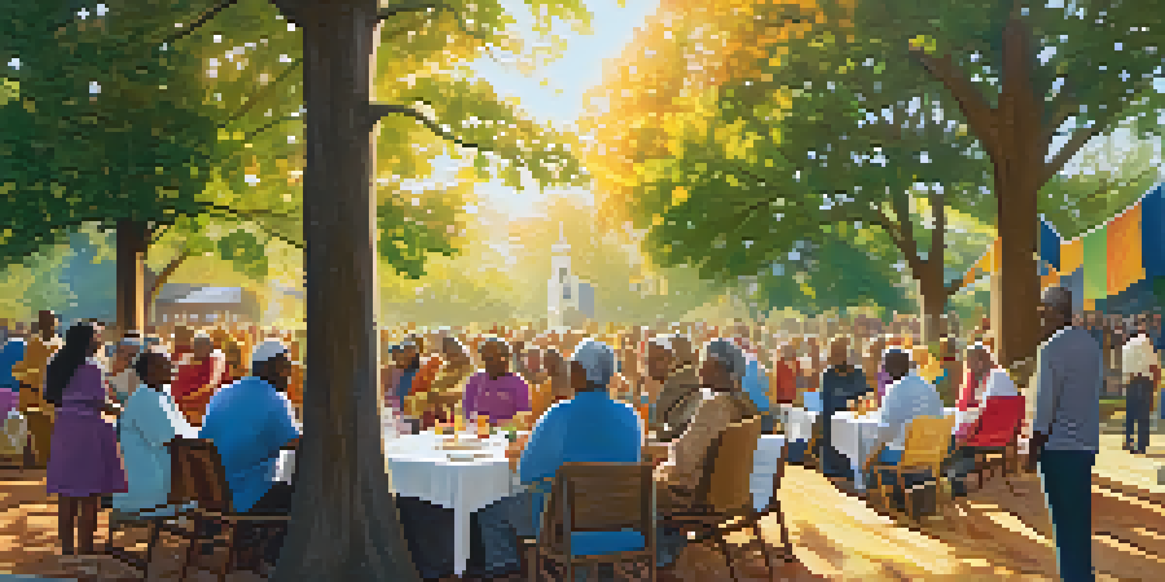 A diverse group of people gathered outdoors at a faith-based organization, sharing stories and engaging in dialogue under warm sunlight.