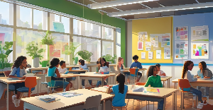 A modern classroom filled with students engaged in learning activities, watching videos, and collaborating in groups.