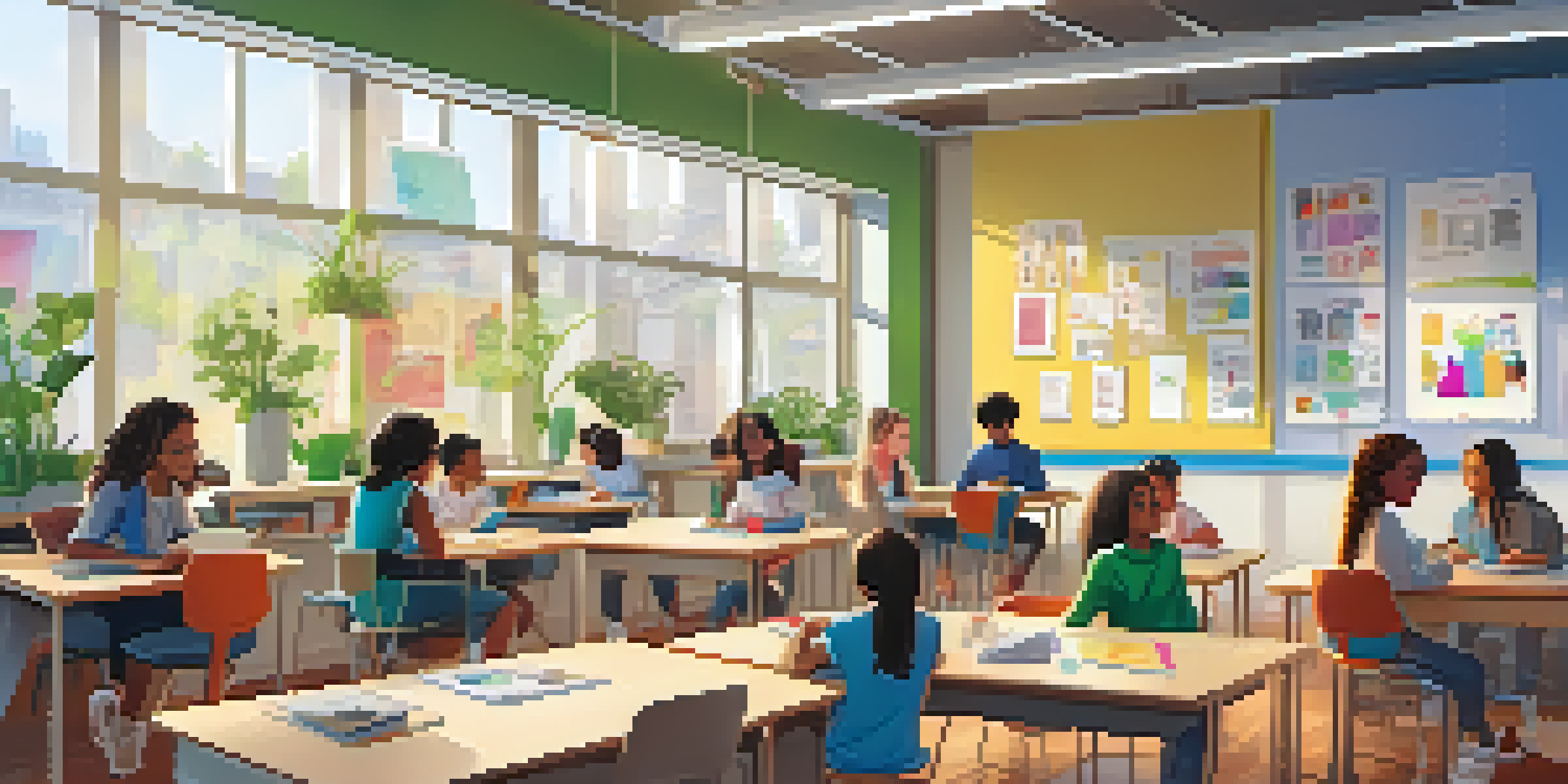 A modern classroom filled with students engaged in learning activities, watching videos, and collaborating in groups.