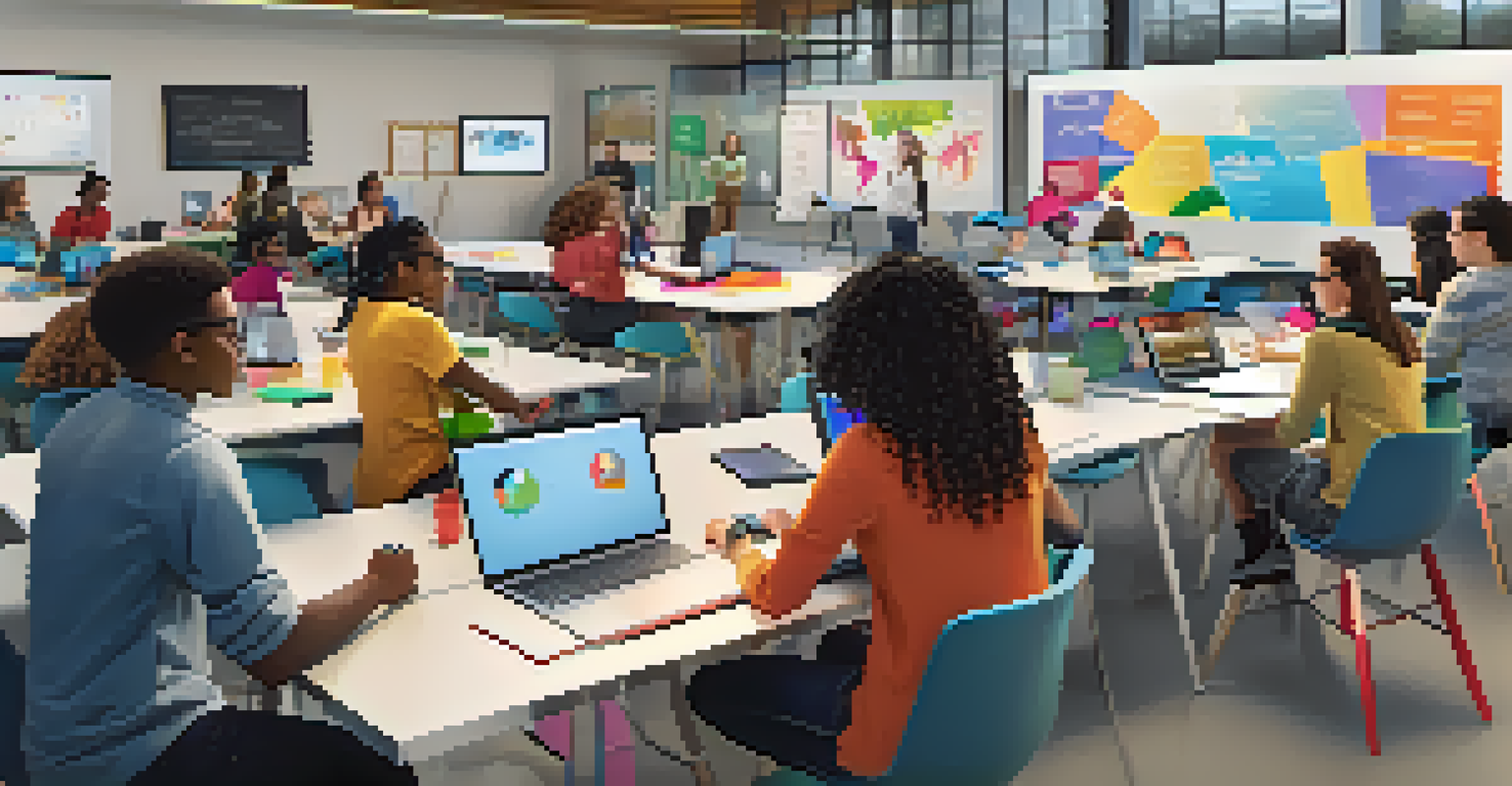 Diverse students collaborating on a project in a vibrant, flexible learning space filled with technology.