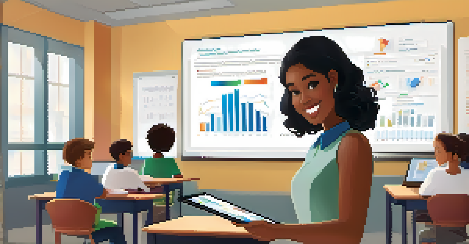 A teacher using a tablet to review student performance data in a classroom filled with engaged students.