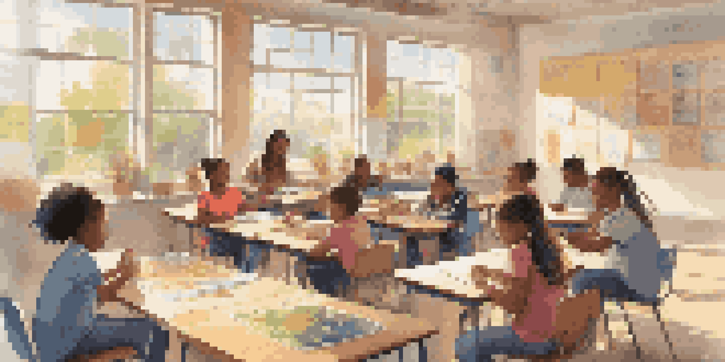 A diverse group of students in a bright classroom collaborating on a project, surrounded by educational materials and a warm atmosphere.