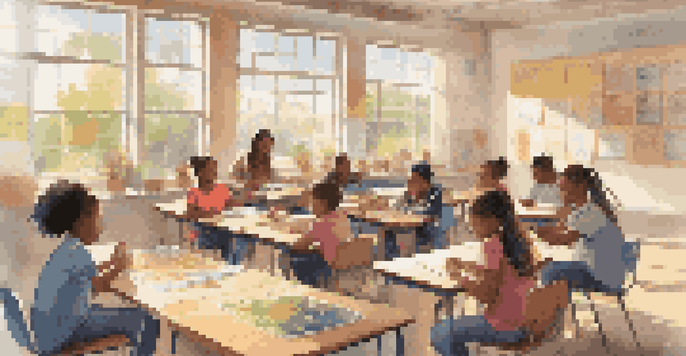 A diverse group of students in a bright classroom collaborating on a project, surrounded by educational materials and a warm atmosphere.