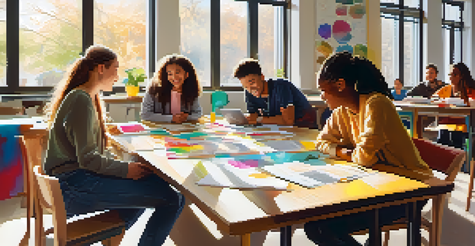A group of diverse students working together in a modern classroom filled with natural light, discussing and sharing ideas.