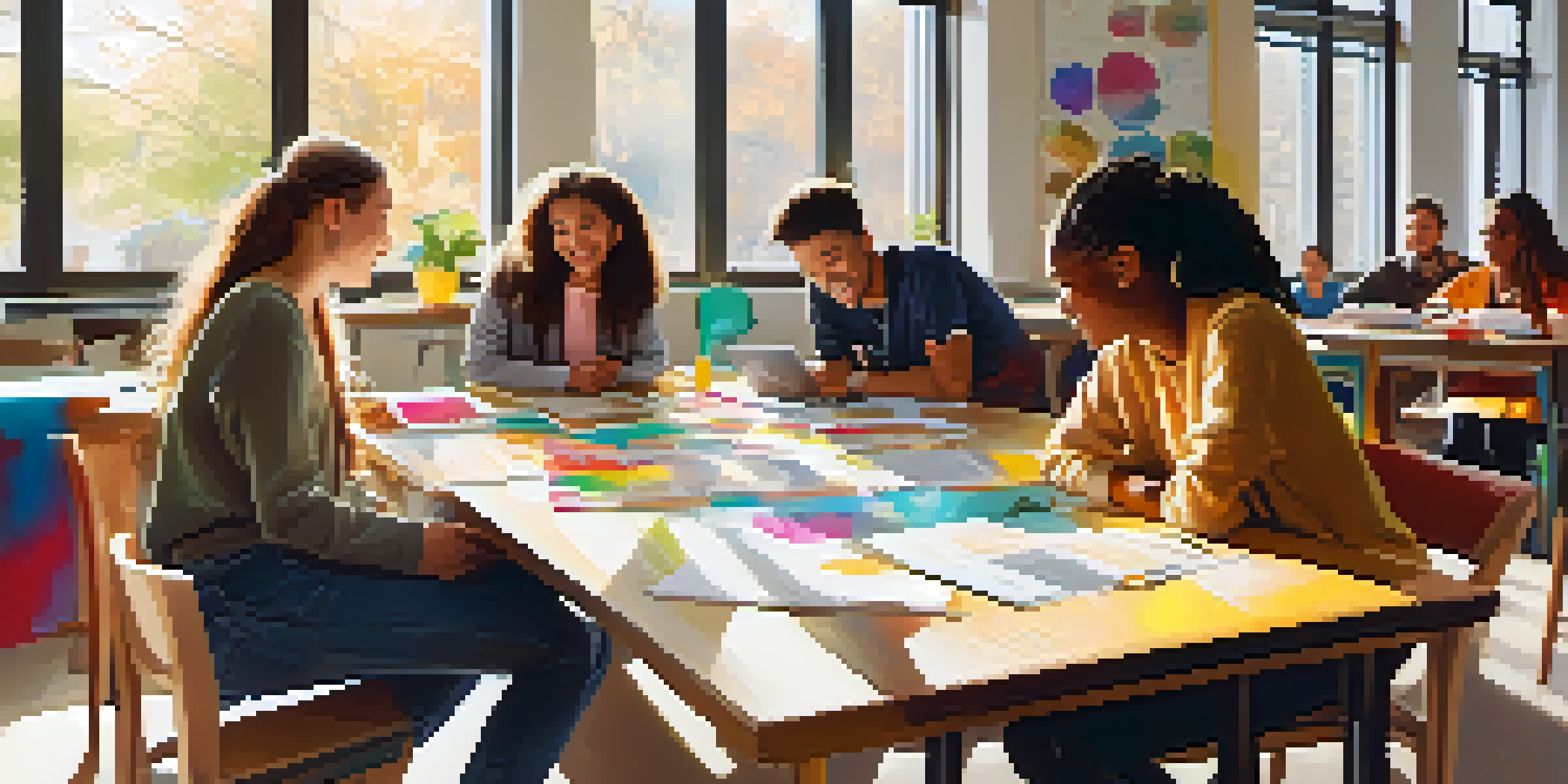 A group of diverse students working together in a modern classroom filled with natural light, discussing and sharing ideas.