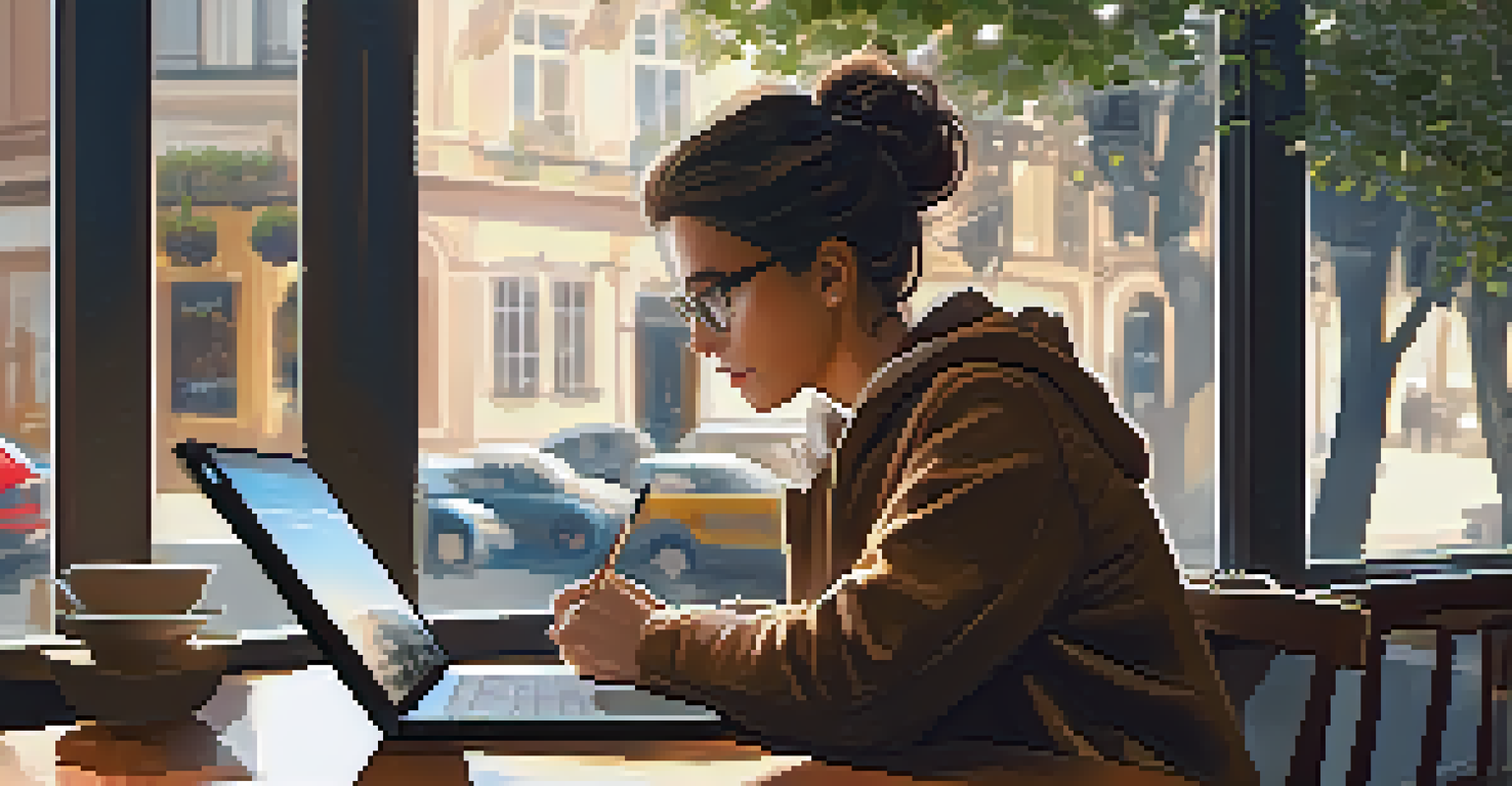A person reflecting and writing in a café, with a laptop open beside them displaying a digital portfolio, in a warm and inviting setting.