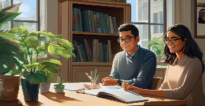 A mentor and mentee having a video call, with both appearing engaged and focused at their desks.