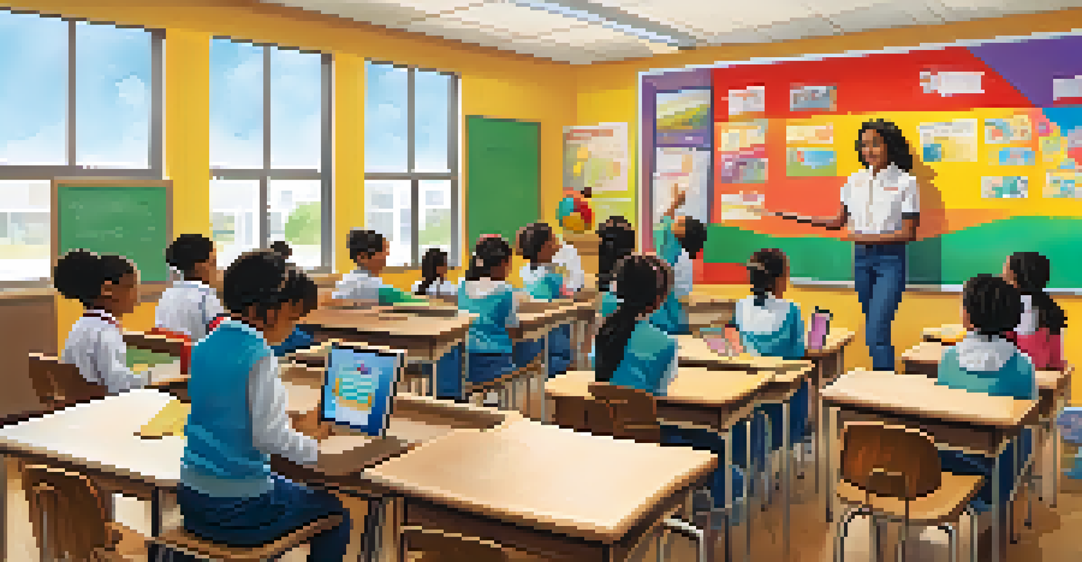 A classroom with a teacher at a smartboard and students using tablets, surrounded by educational materials.