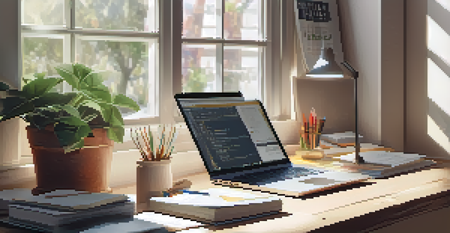 A workspace with a laptop displaying bite-sized learning, surrounded by stationery and a plant, illuminated by natural light.