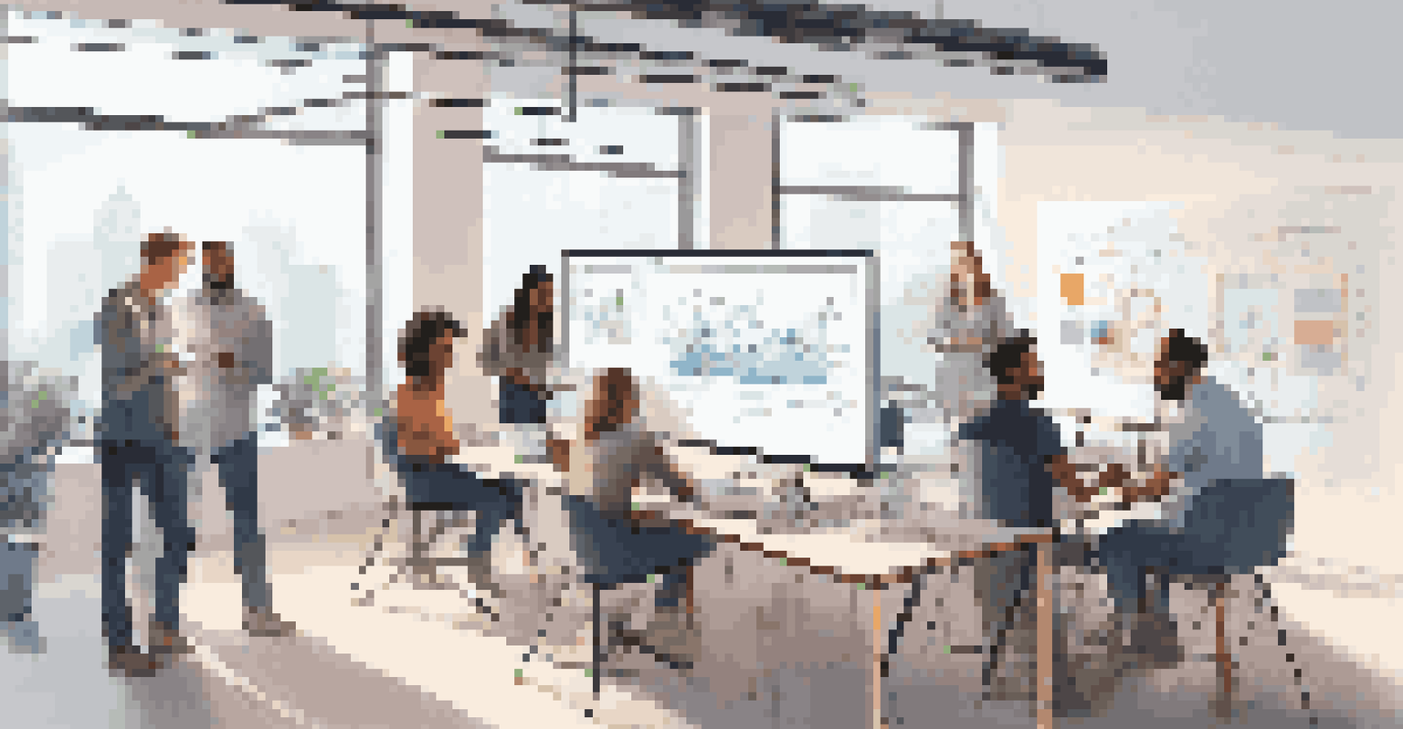 A diverse group of young professionals brainstorming in a modern workspace, surrounded by digital tools and a bright creative environment.