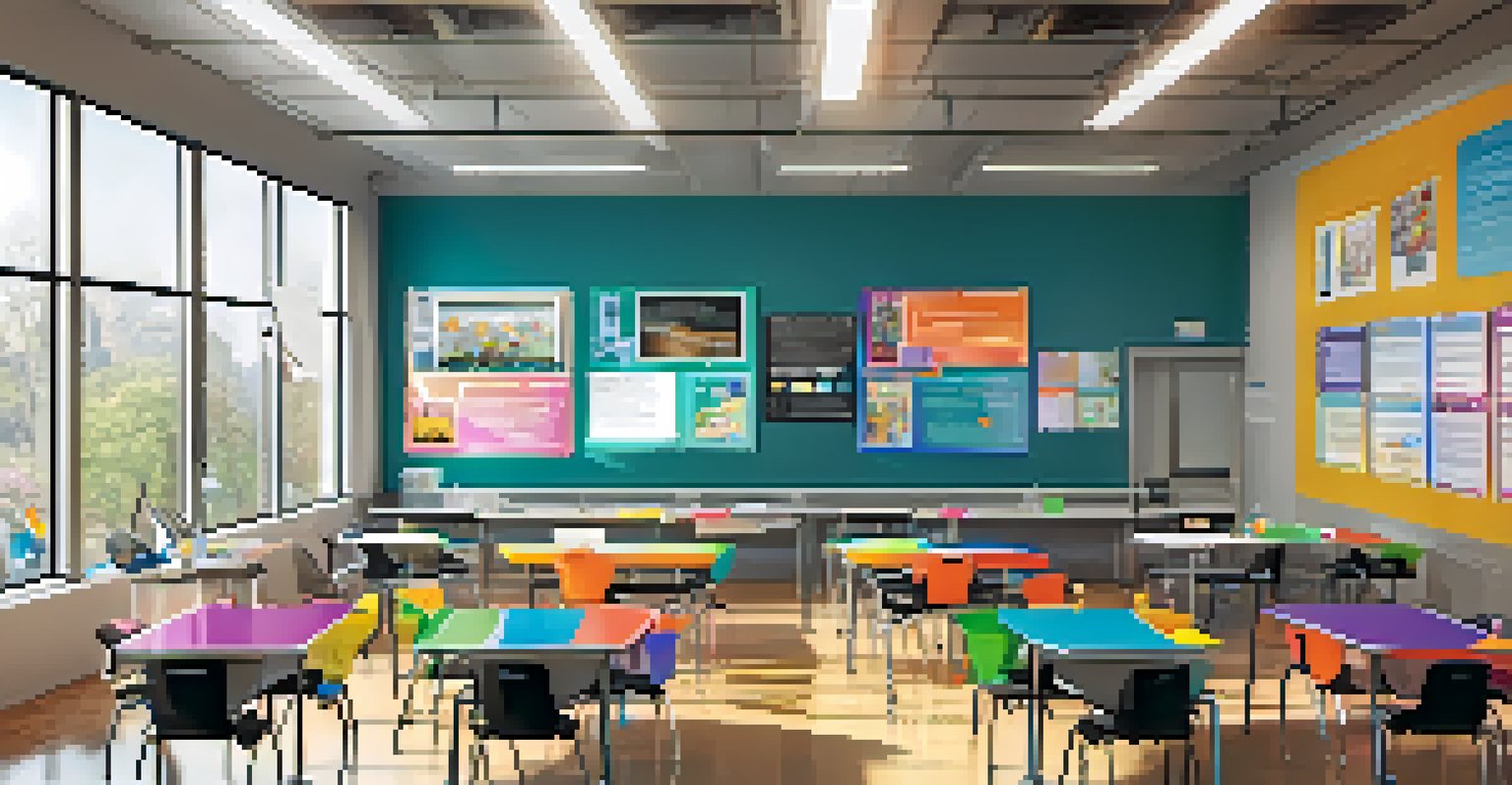 A modern classroom with students working on projects at tables, technology present, and colorful educational posters on the walls.