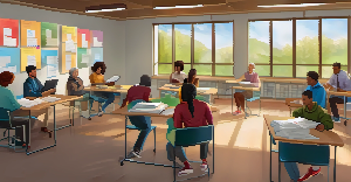 A diverse group of adult learners in a cozy classroom, engaged in discussion and using laptops, with a facilitator guiding them.