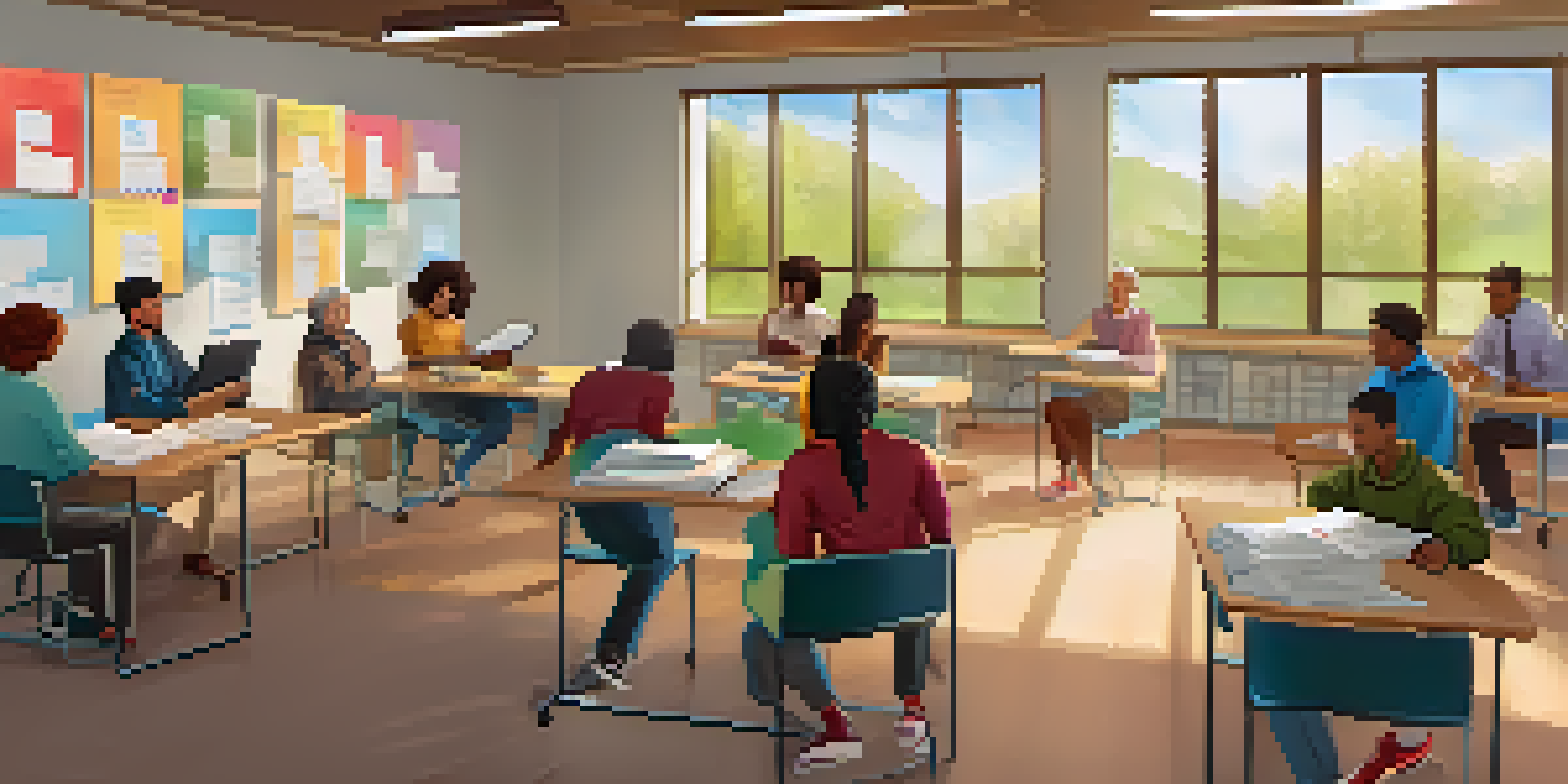A diverse group of adult learners in a cozy classroom, engaged in discussion and using laptops, with a facilitator guiding them.