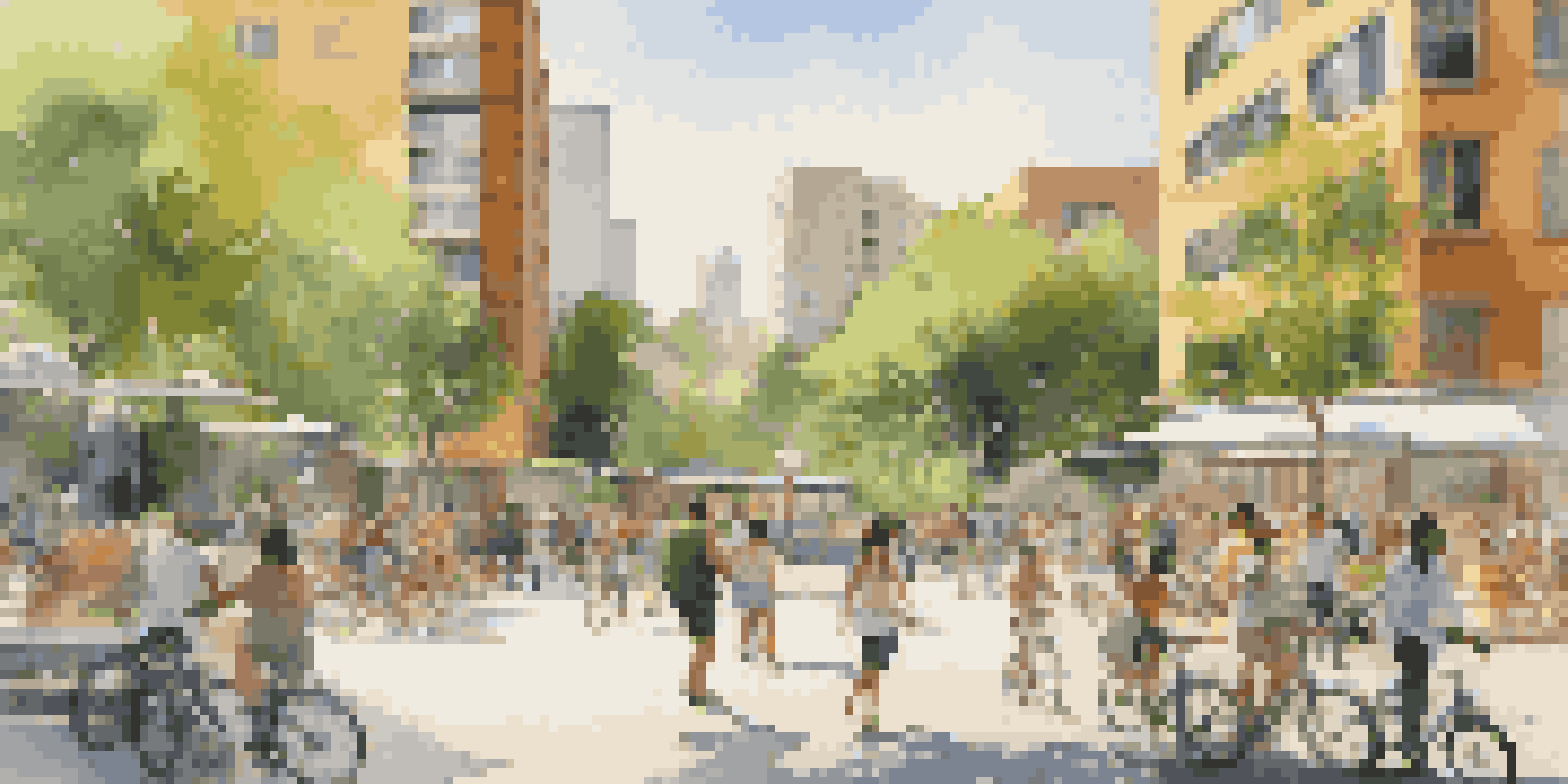 A colorful urban area with modern buildings and green parks, featuring people engaged in various activities under warm sunlight.