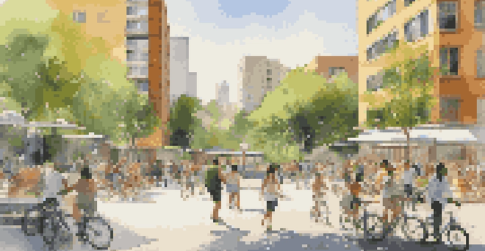 A colorful urban area with modern buildings and green parks, featuring people engaged in various activities under warm sunlight.