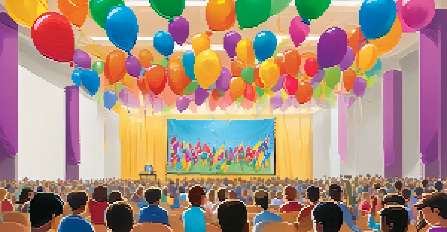 Students presenting their projects at a school showcase event, with an audience of parents and teachers applauding in a decorated auditorium.