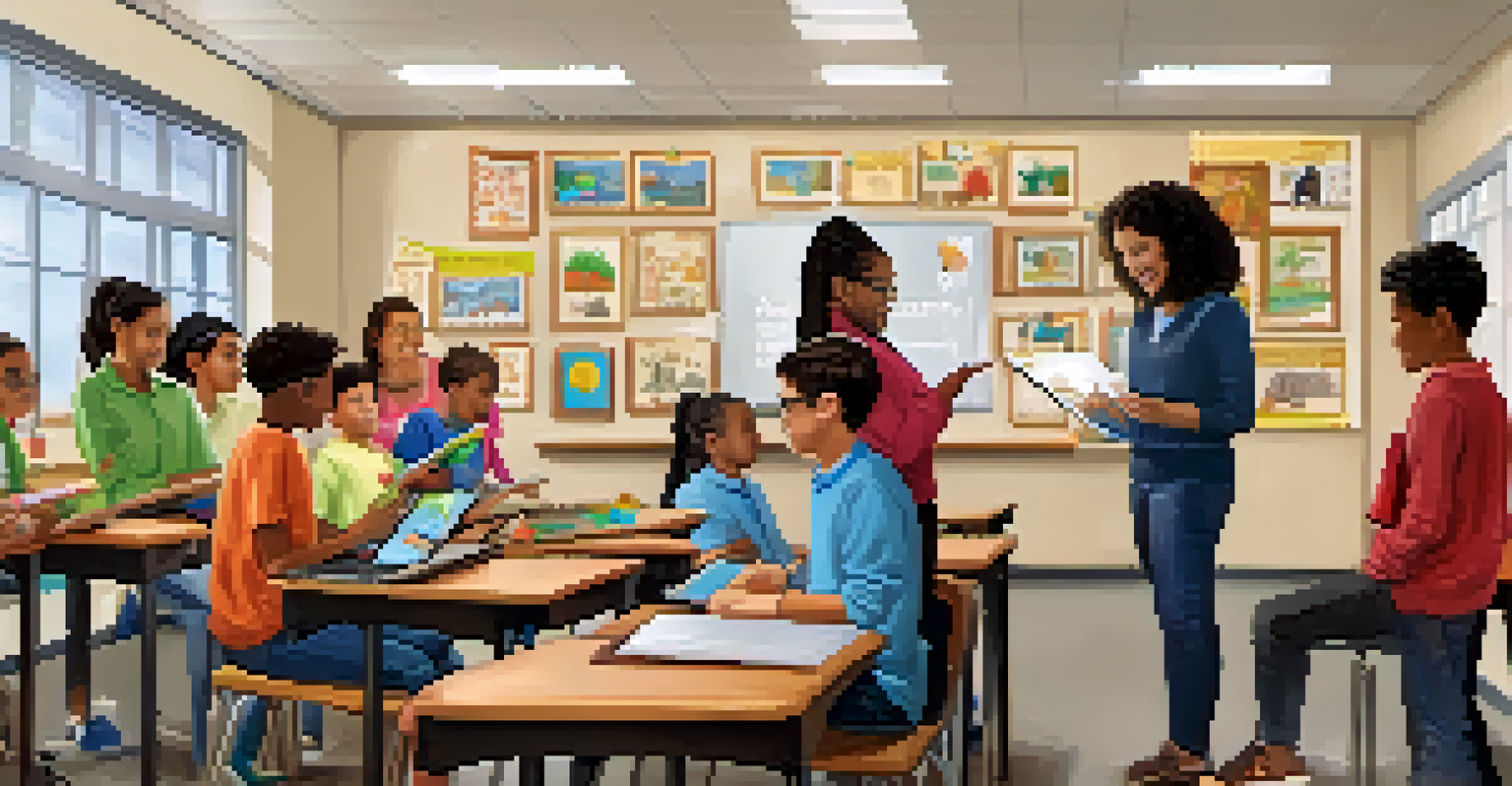 A teacher using assistive technology in an inclusive classroom, engaging with students of different backgrounds and abilities.