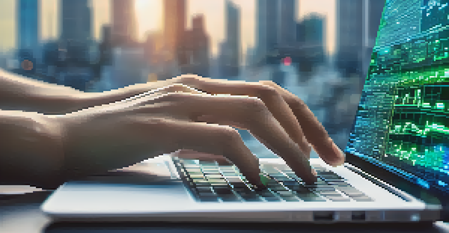 Close-up of hands typing on a laptop with an overlay of digital data and graphs against a blurred cityscape background.