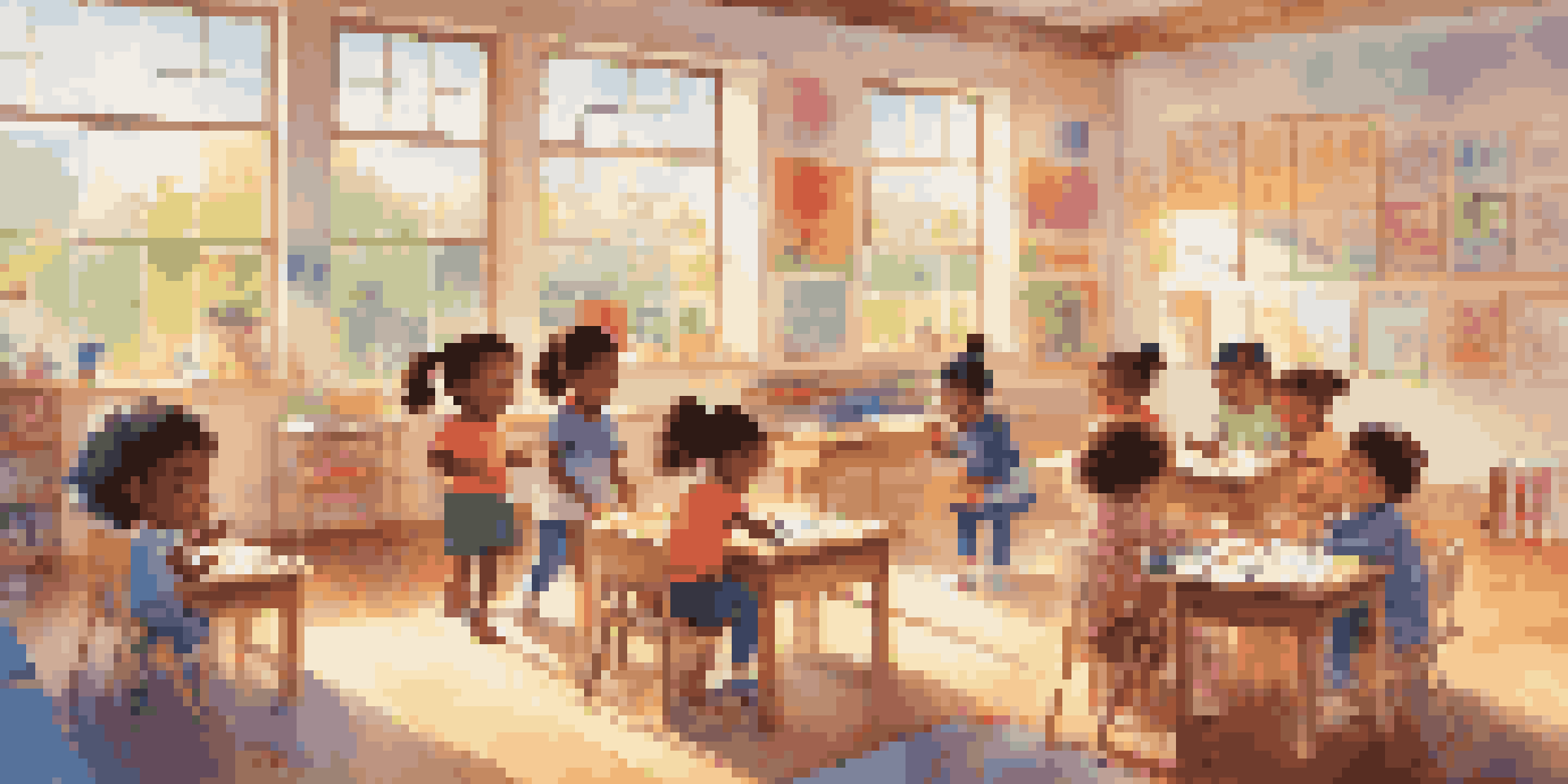 A lively preschool classroom with children participating in various play-based activities, surrounded by colorful decorations and sunlight coming through the windows.