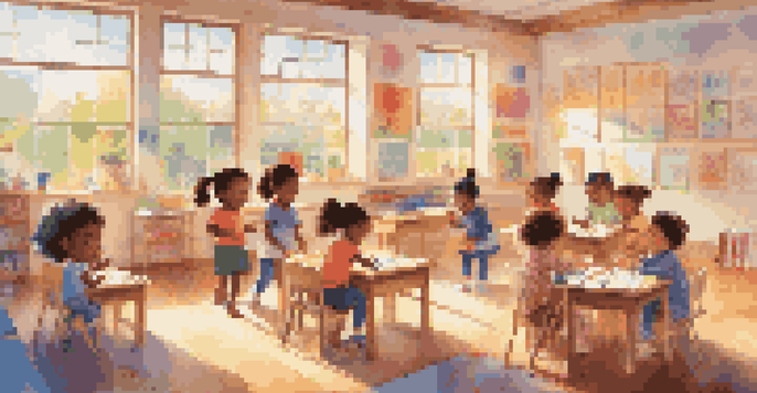 A lively preschool classroom with children participating in various play-based activities, surrounded by colorful decorations and sunlight coming through the windows.