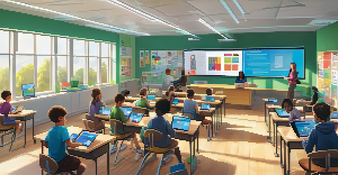 A vibrant classroom where students of different backgrounds use technology to learn at their own pace, with a teacher facilitating their learning.