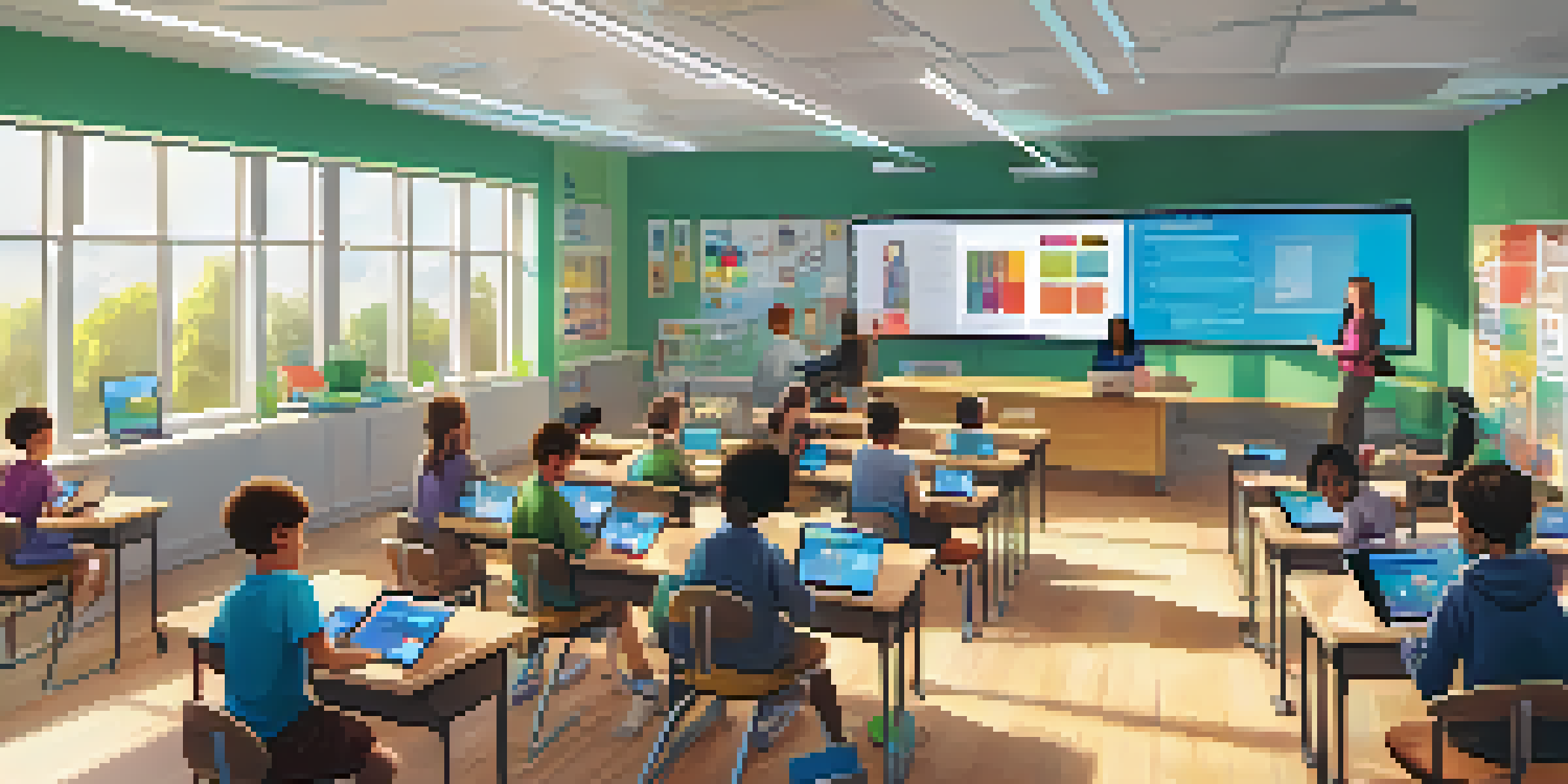 A vibrant classroom where students of different backgrounds use technology to learn at their own pace, with a teacher facilitating their learning.