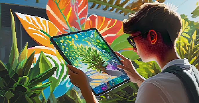 A student interacting with an augmented reality app on a tablet, with colorful graphics of plant cellular structures overlaying the real world.