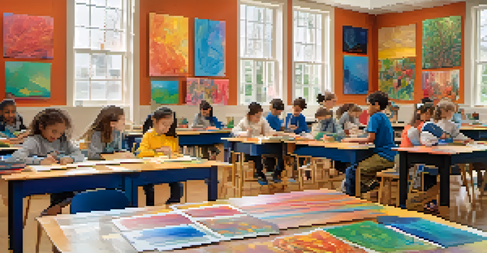 A lively classroom scene with children working on art projects, surrounded by colorful student artwork on the walls, illuminated by natural light.