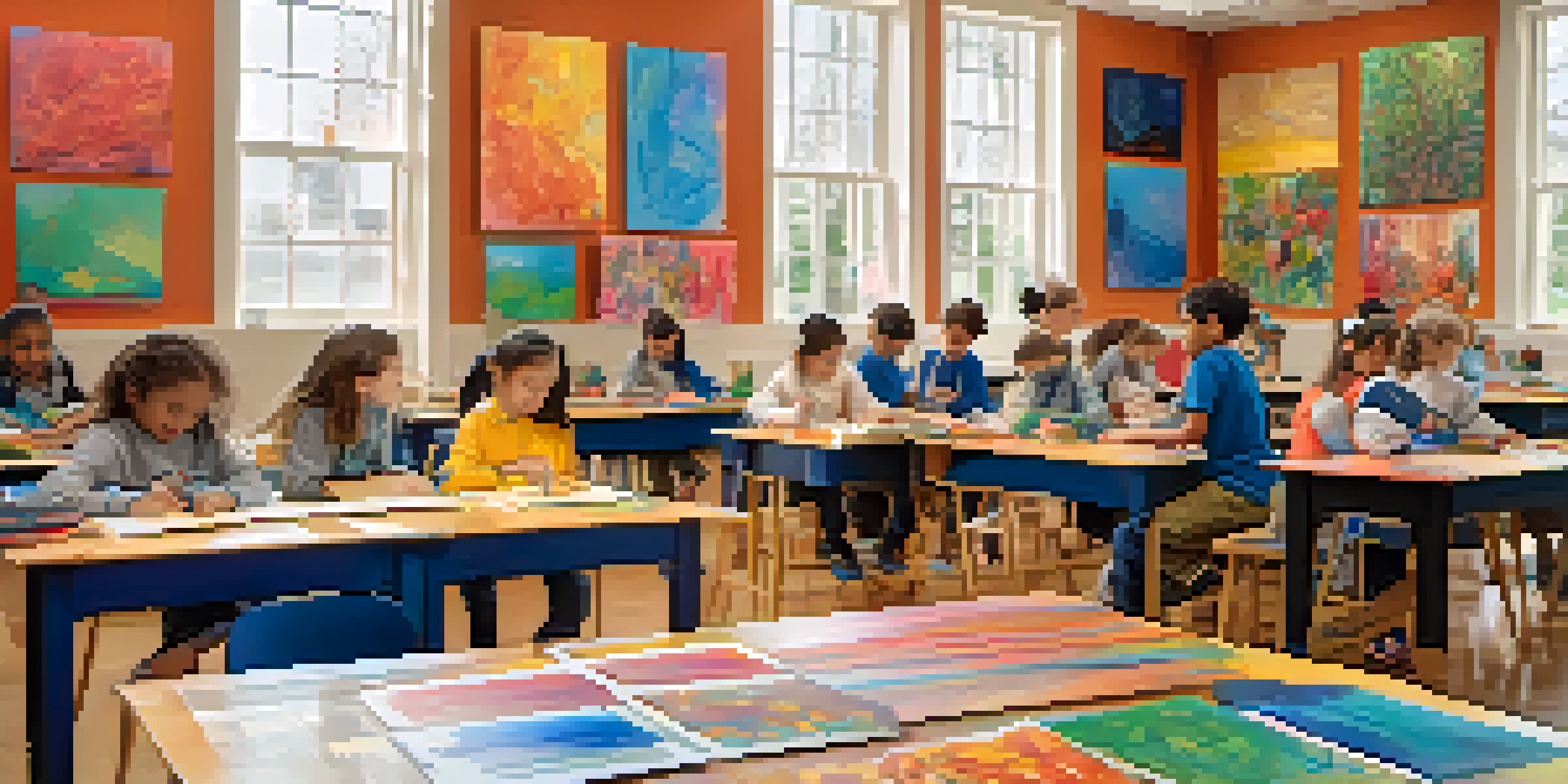 A lively classroom scene with children working on art projects, surrounded by colorful student artwork on the walls, illuminated by natural light.