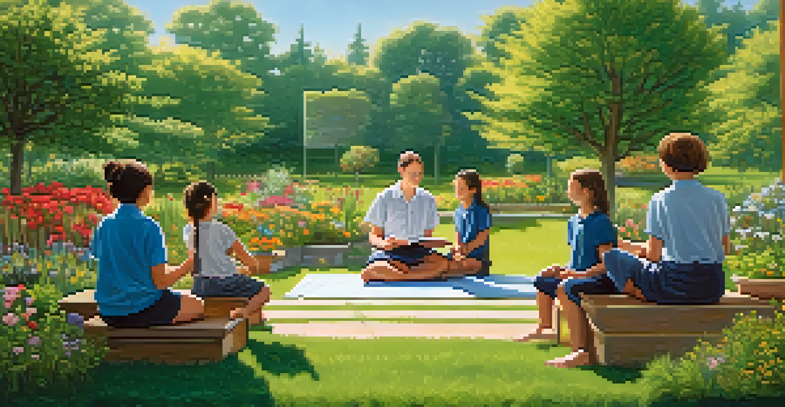 A teacher and students engaged in mindful observation in a colorful garden, surrounded by nature.