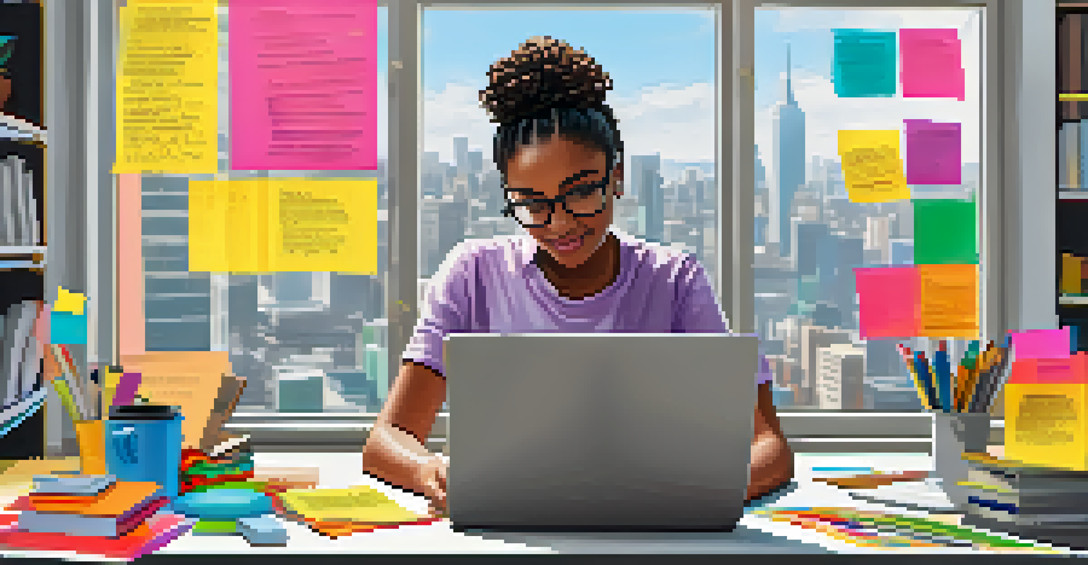 A person working at a desk with a laptop, sticky notes, and educational materials, with a city view outside the window.