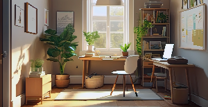 A well-organized home study area with a desk, laptop, and sunlight coming through a window.