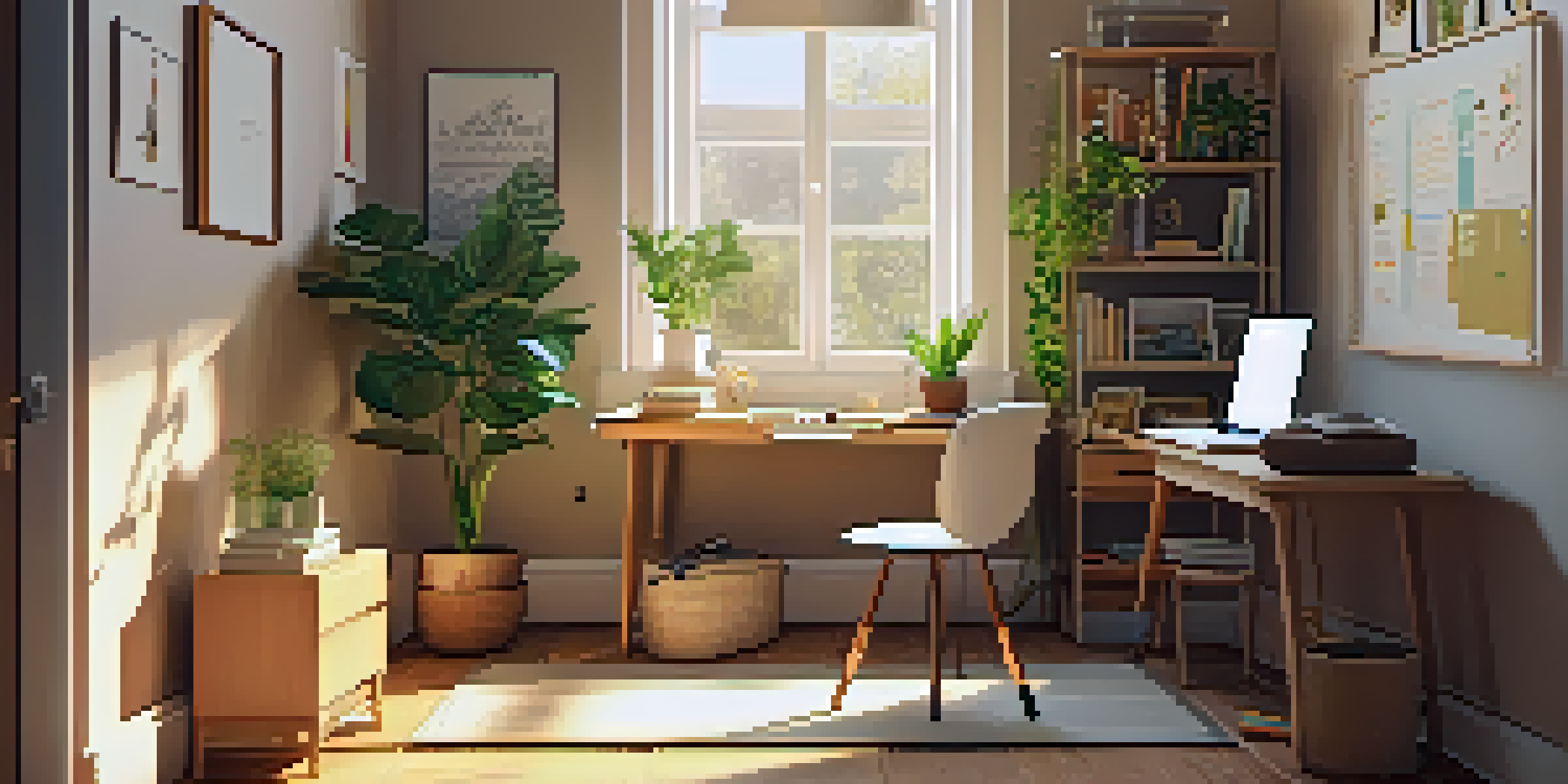 A well-organized home study area with a desk, laptop, and sunlight coming through a window.