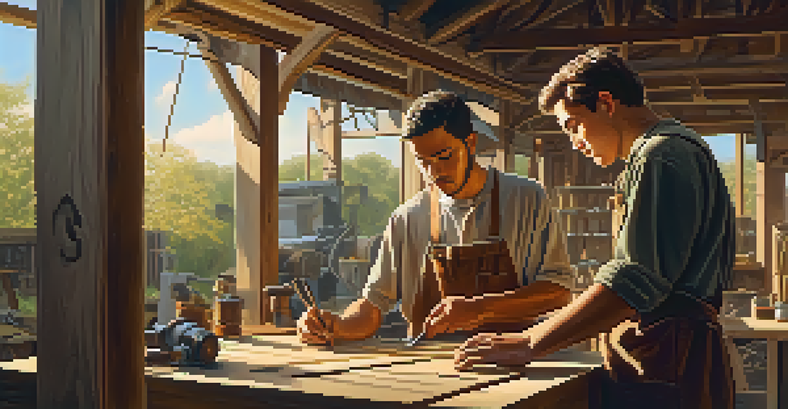 A skilled craftsman mentoring an apprentice in a sunlit workshop, demonstrating techniques on a wooden project with tools around them.