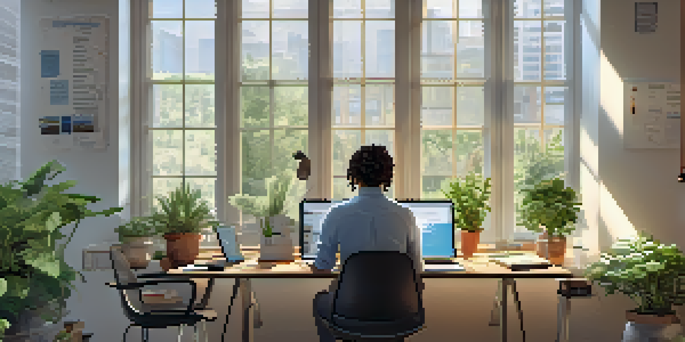 An office scene with a person using a laptop and mobile device for microlearning, surrounded by plants and motivational posters, illuminated by natural light.