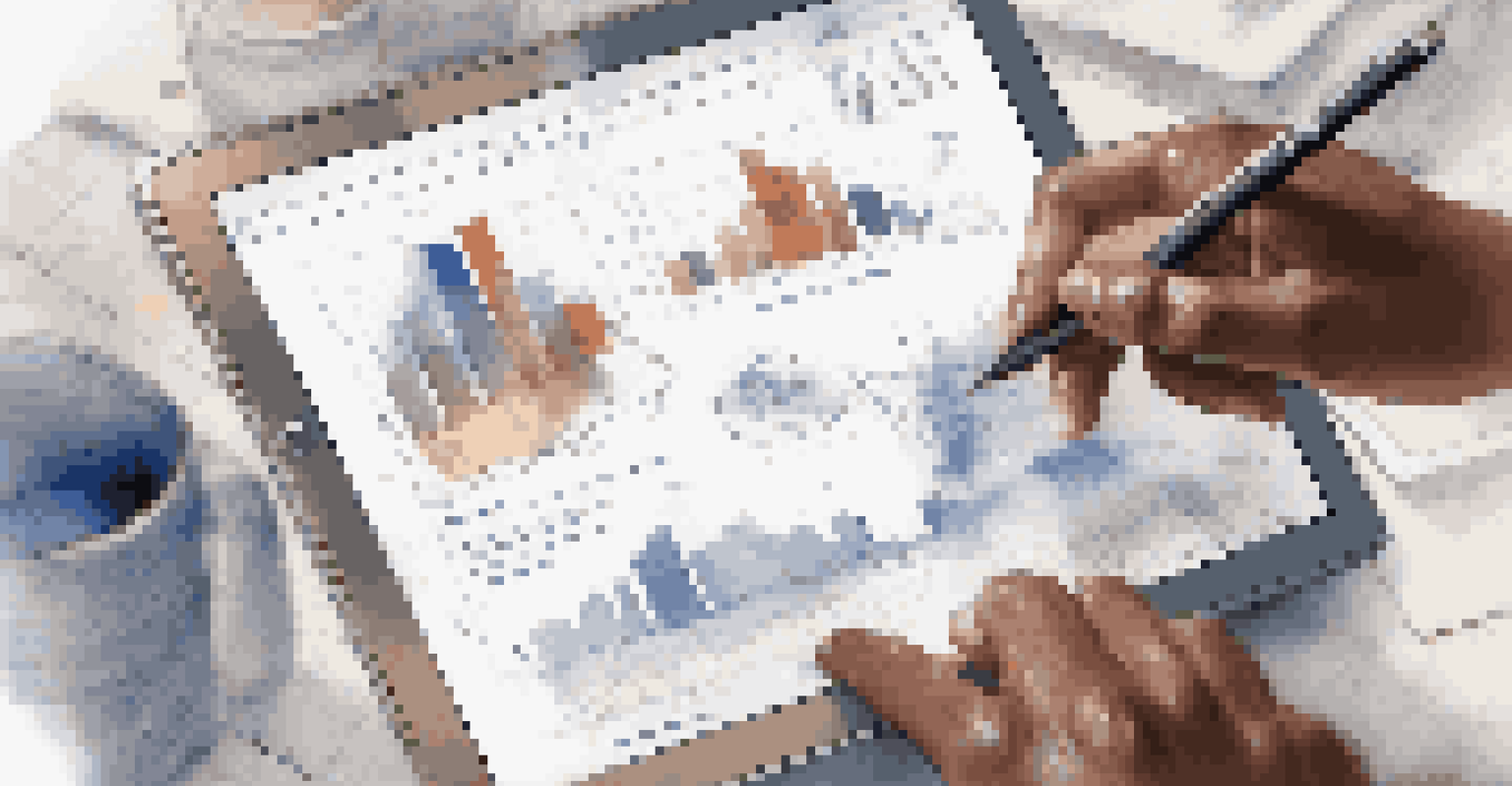Close-up of diverse hands interacting with a digital tablet displaying sketches and data visualizations, symbolizing collaboration.