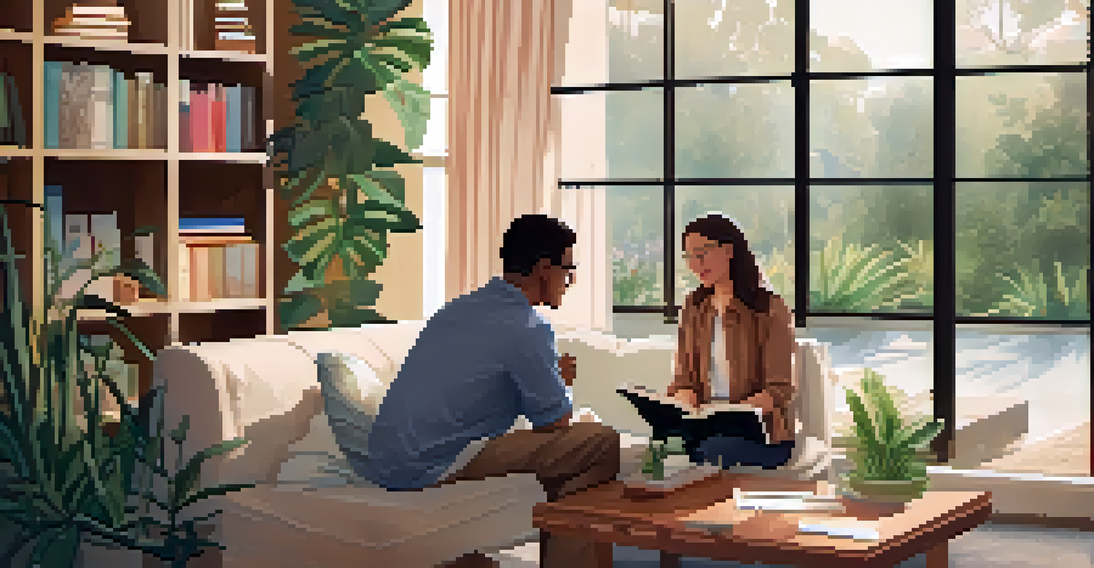 An instructor and a student having a feedback discussion in a cozy, well-lit room filled with plants and books.