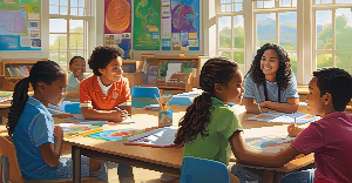 A classroom filled with students engaged in hands-on learning and collaboration, with bright sunlight illuminating the vibrant environment.