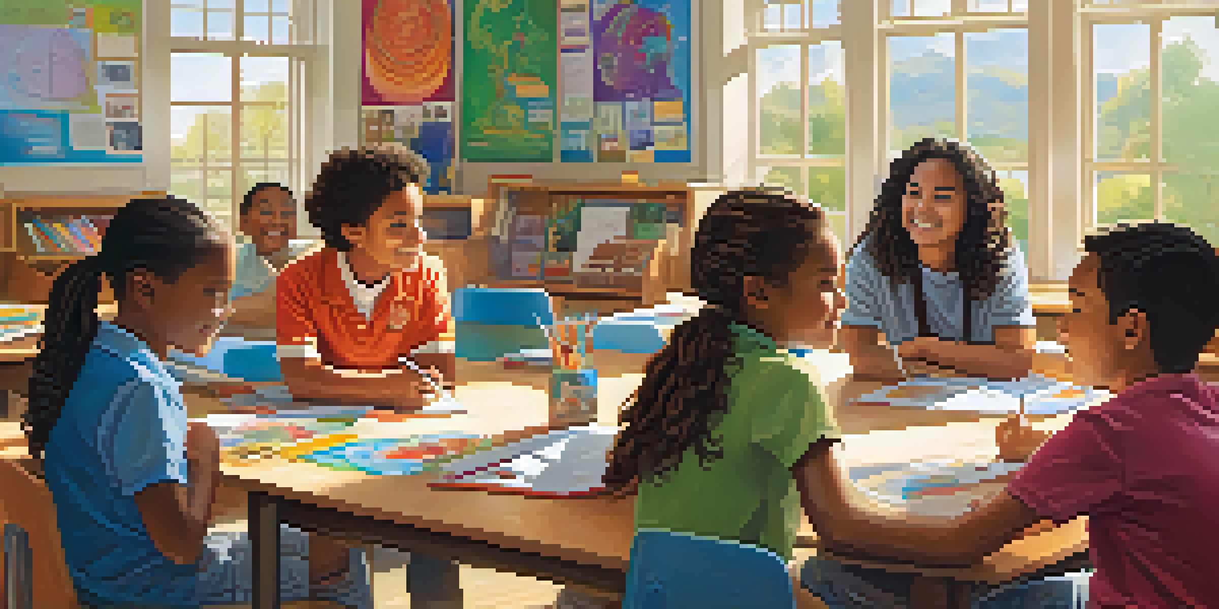 A classroom filled with students engaged in hands-on learning and collaboration, with bright sunlight illuminating the vibrant environment.