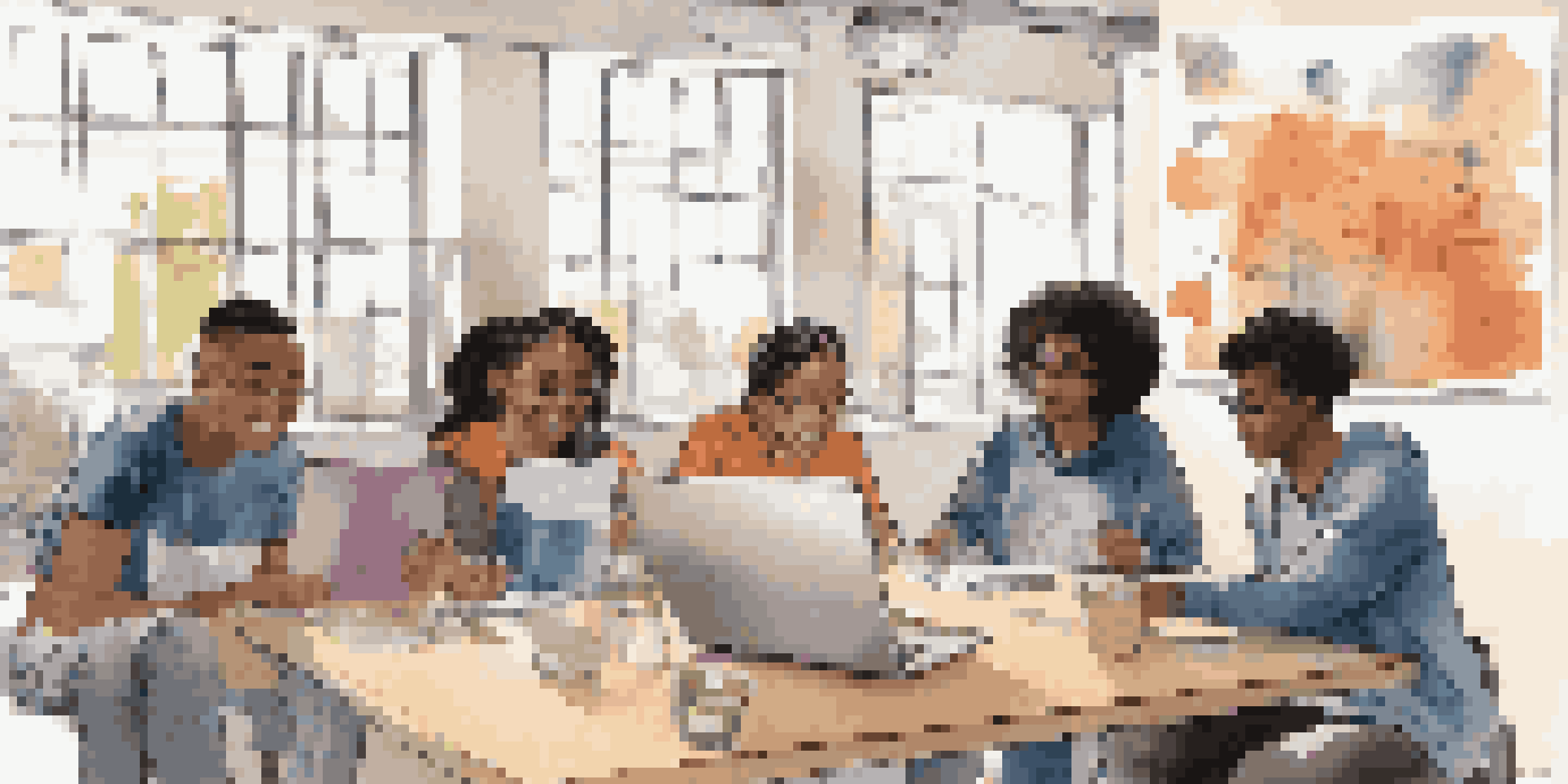 A group of young adults participating in a digital literacy workshop, with laptops and educational materials visible.