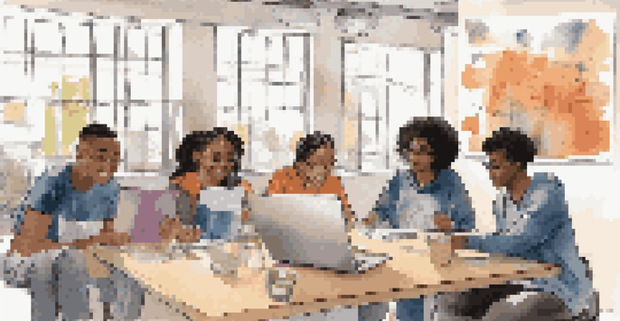 A group of young adults participating in a digital literacy workshop, with laptops and educational materials visible.