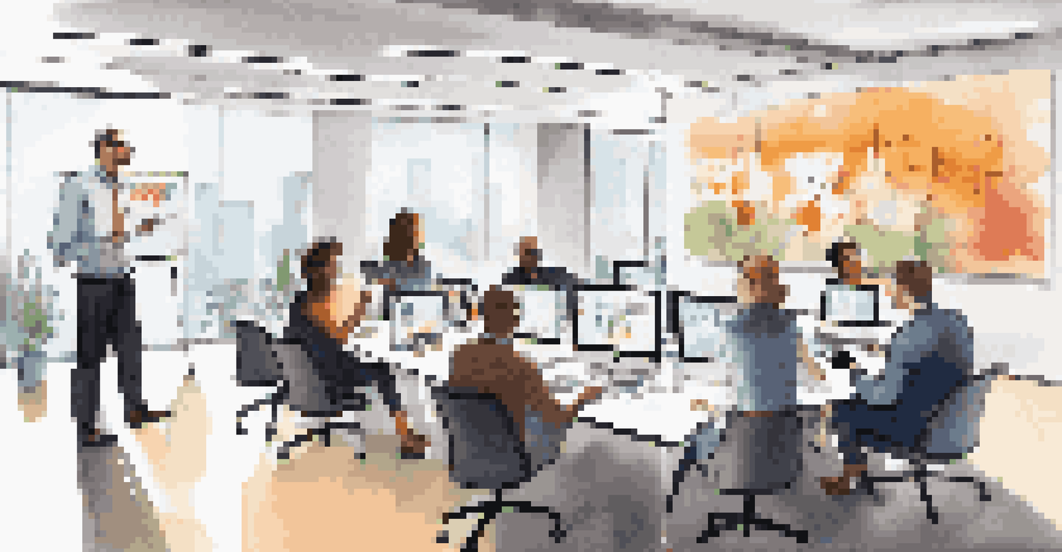A modern office environment with educators and industry professionals participating in a video conference, discussing collaborative projects.