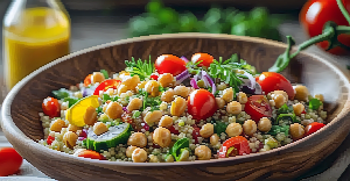 A colorful quinoa salad with cherry tomatoes and chickpeas in a wooden bowl, surrounded by fresh vegetables in a sunlit kitchen.